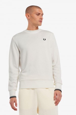 White Fred Perry Crew Neck Men's Sweatshirts | SG1474BEXC