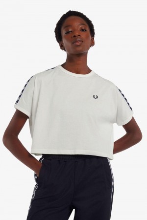 White Fred Perry Cropped Taped Ringer Women's T Shirts | SG1016FDNM