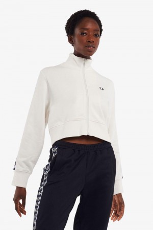 White Fred Perry Cropped Taped Track Women's Jackets | SG1143JPQJ