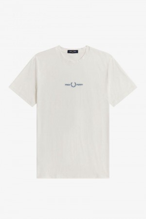 White Fred Perry Embroidered Men's T Shirts | SG1394MQZA