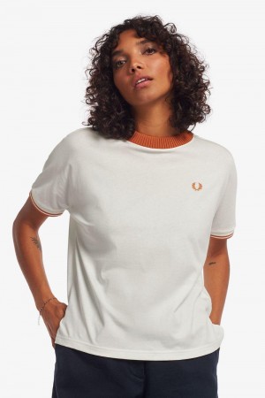 White Fred Perry Knitted Trim Women's T Shirts | SG1012KORI