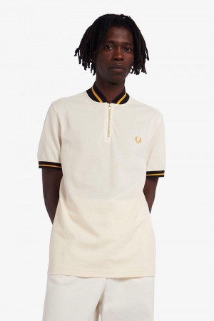 White Fred Perry Striped Bomber Neck Polo Men's Shirts | SG1515OKIR