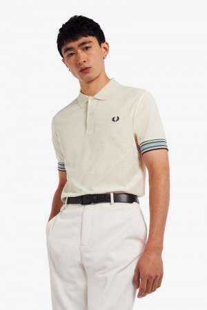 White Fred Perry Striped Cuff Polo Men's Shirts | SG1513AHKP