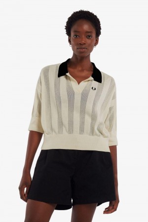 White Fred Perry Textured Stripe Knitted Women's Shirts | SG1063LISH