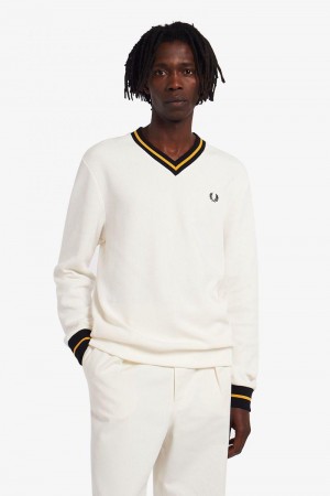 White Fred Perry Tipped Piqué Textured Jumper Men's Sweatshirts | SG1430HAPK