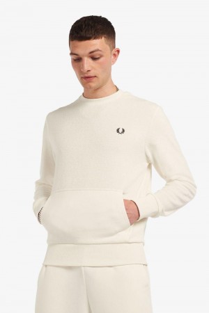 White Fred Perry Towelling Crew Neck Men's Sweatshirts | SG1428KORI