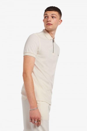 White Fred Perry Towelling Zip Neck Polo Men's Shirts | SG1503XYUF