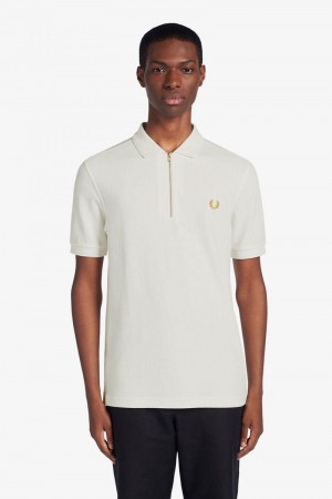 White Fred Perry Zip Neck Polo Men's Shirts | SG1501VRWD