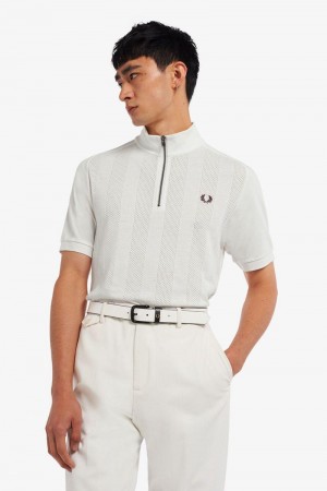 White Fred Perry Zip Neck Raglan Sleeve Polo Men's Shirts | SG1499NWYB